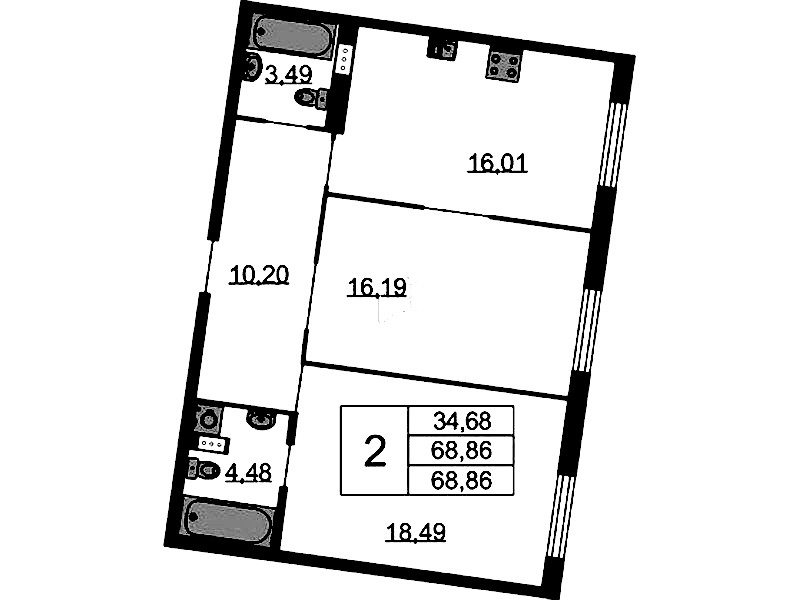 2-комнатная квартира 68.86 м², 5/9 эт., ЖК «Бакунина 33»